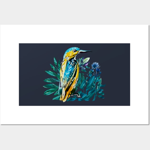 Kingfisher painted in watercolor on blue background Wall Art by IngaDesign